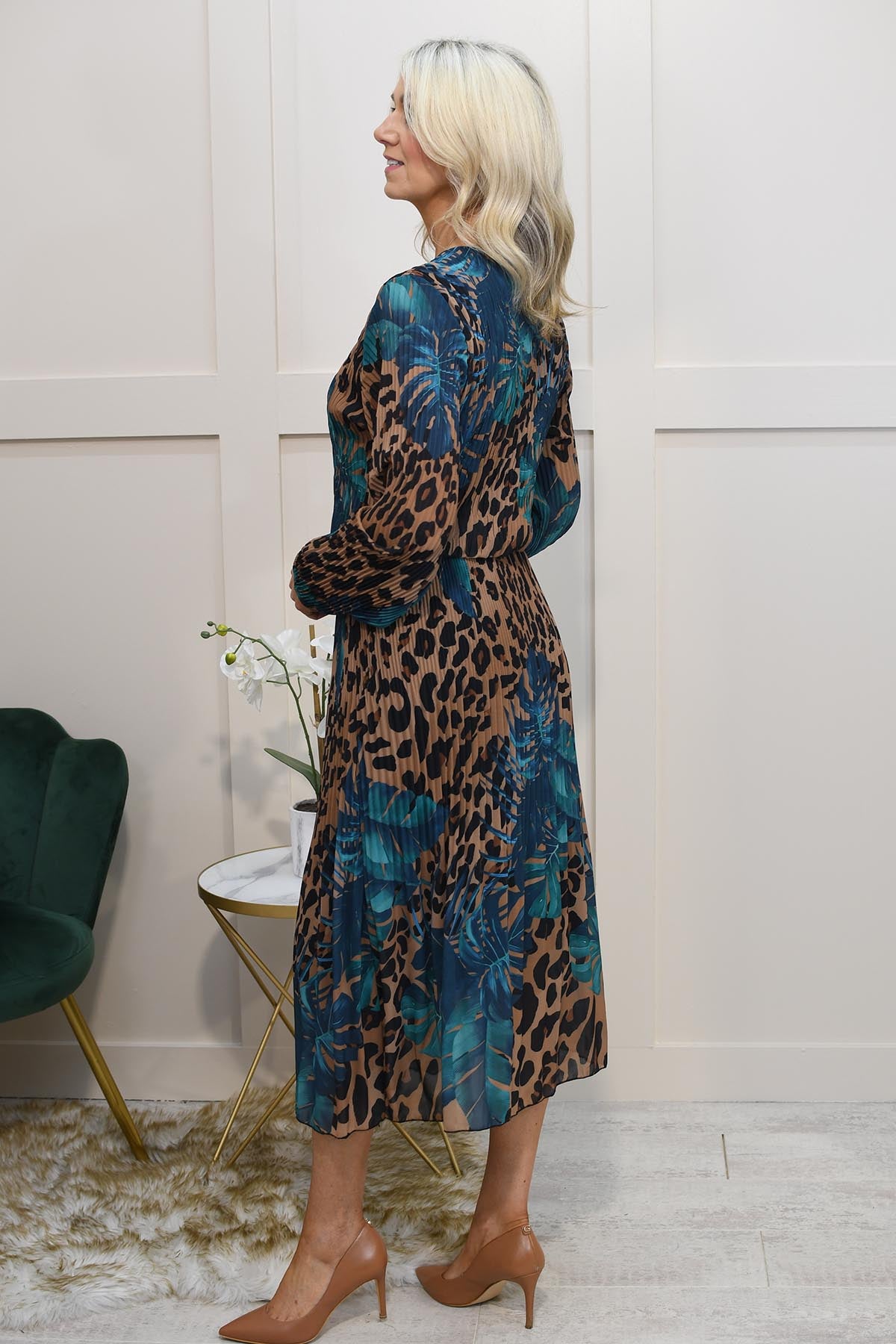 Kyla Teal Floral Leopard Print Plisse Dress 6809 Style Boutique NI