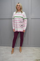 4780 PC Collection Cream, Pink & Green Stripe Jumper With Diamanté Slogan - WIN06/46