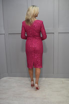 4886 Carla Ruiz Hot Pink Sequin Midi Dress With Ruched Side Detail-50075