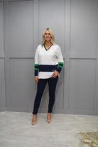 4900 PC Collection Cream, Navy & Green V Neck Sweater With Stripe Detail - WIN06/45