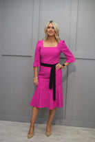 4932 Ella Boo Hot Pink Fishtail Dress With Square Neckline & Black Belt-E-23AW-2270-40