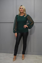 4956 Marina V Forest Green Sweater With Shoulder Cut Out & Sheer Lace Sleeve-FW23-108