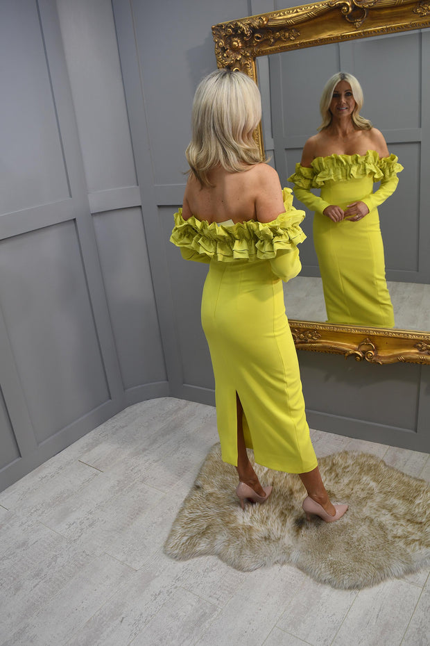 Carla Ruiz Yellow Straight Dress With Off Shoulder Ruffle Detail- 50540