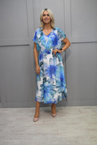 5235 Lizabella Aqua & Blue Floral Print Dress With Pearl Waist Detail- L-24SS-2865-36