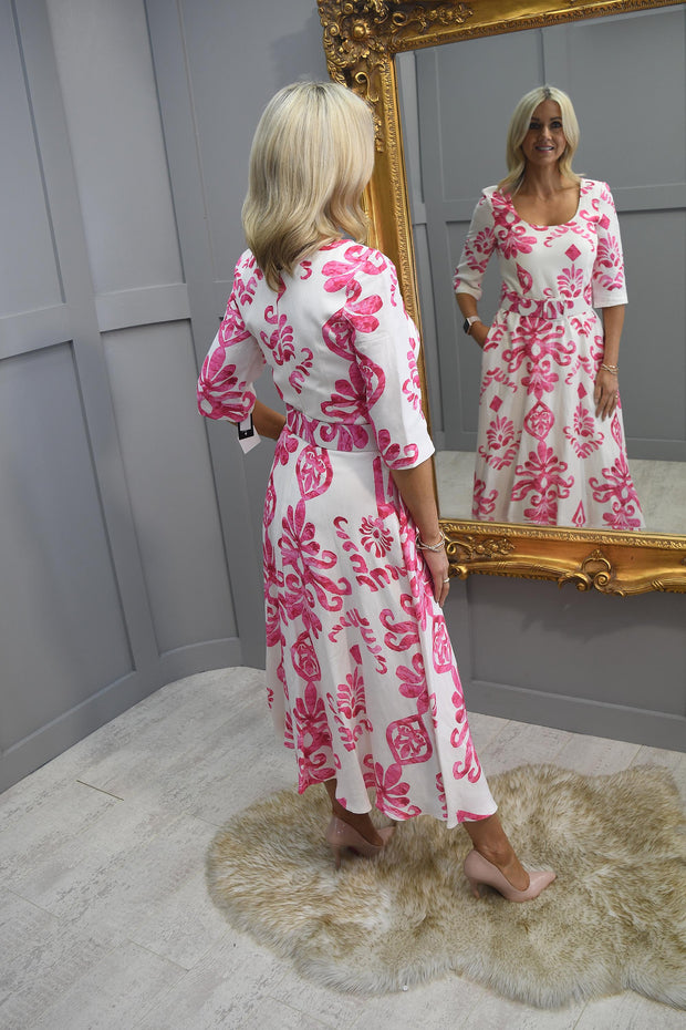 Kate Cooper Cream & Pink Print Dress With Belt- KCS24114