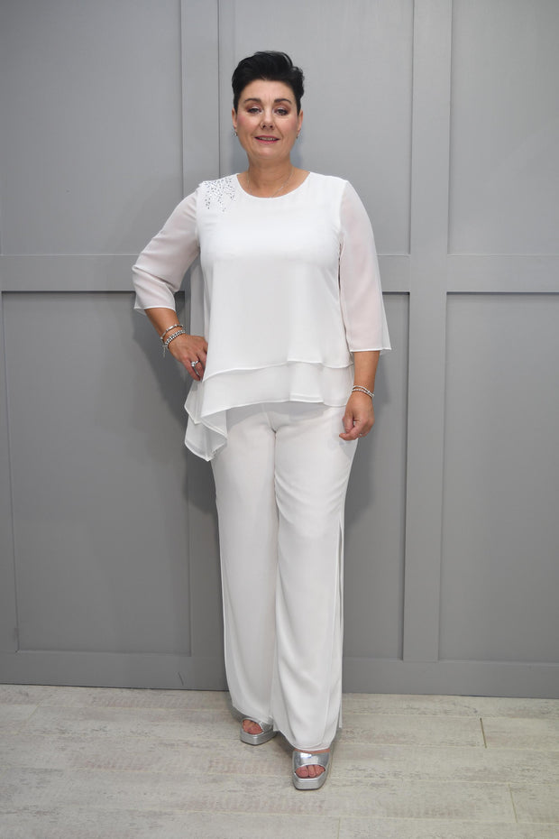 Godske White Trouser Suit With Diamante Detail-14346 4086 1200