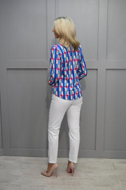 YEW Blue & Pink Abstract Print Top With 1/4 Button Collar Detail-3743 Jess