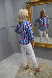 YEW Blue & Pink Abstract Print Top With 1/4 Button Collar Detail-3743 Jess