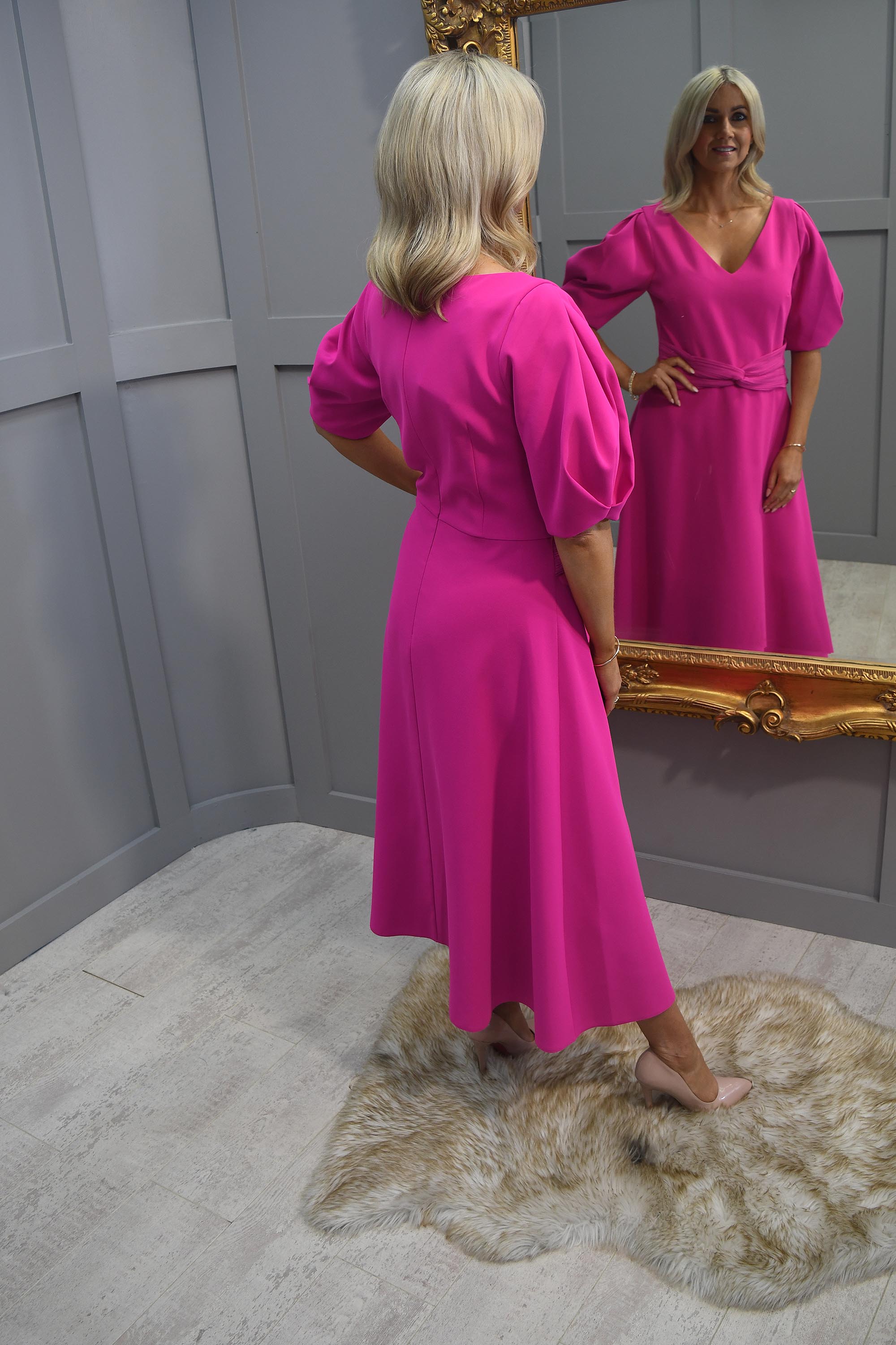 Hot pink pleated dress | 80s vintage dark raspberry pink puff sleeve knee length fit and shops flare dress