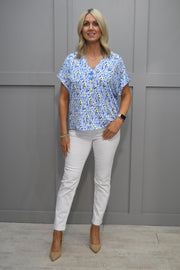 Marble Blue & Yellow Abstract Print V Neck Blouse- 7429 152