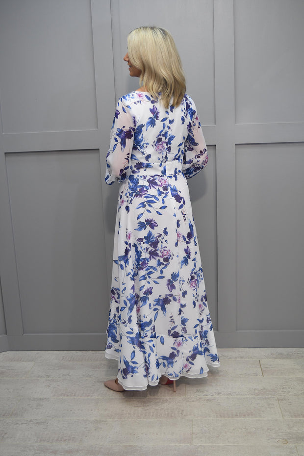 Couture Club Cobalt Floral Print Dress With Waterfall Detail- 7G129