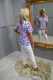 YEW Pink, Blue & Purple Spot V Neck Top With Elasticated Waist- 4153 Mai