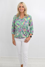 YEW Green, Pink & Blue Tropical Print Top- Gea 4027