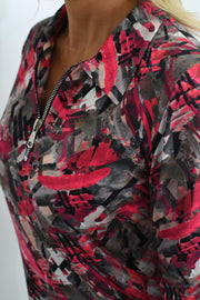 YEW Hot Pink & Grey Abstract Print 1/4 Zip Top- Alexa 3861