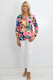 YEW Multicolour Abstract Floral Print Top with Silver Button Detail - 2531 Rose