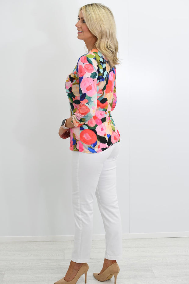 YEW Multicolour Abstract Floral Print Top with Silver Button Detail - 2531 Rose