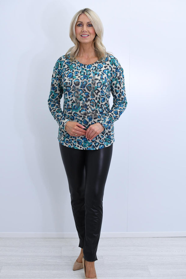 Barbara Lebek Teal & Turquoise Animal Print Shimmer Top- 15380042