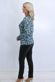 Barbara Lebek Teal & Turquoise Animal Print Shimmer Top- 15380042