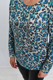 Barbara Lebek Teal & Turquoise Animal Print Shimmer Top- 15380042