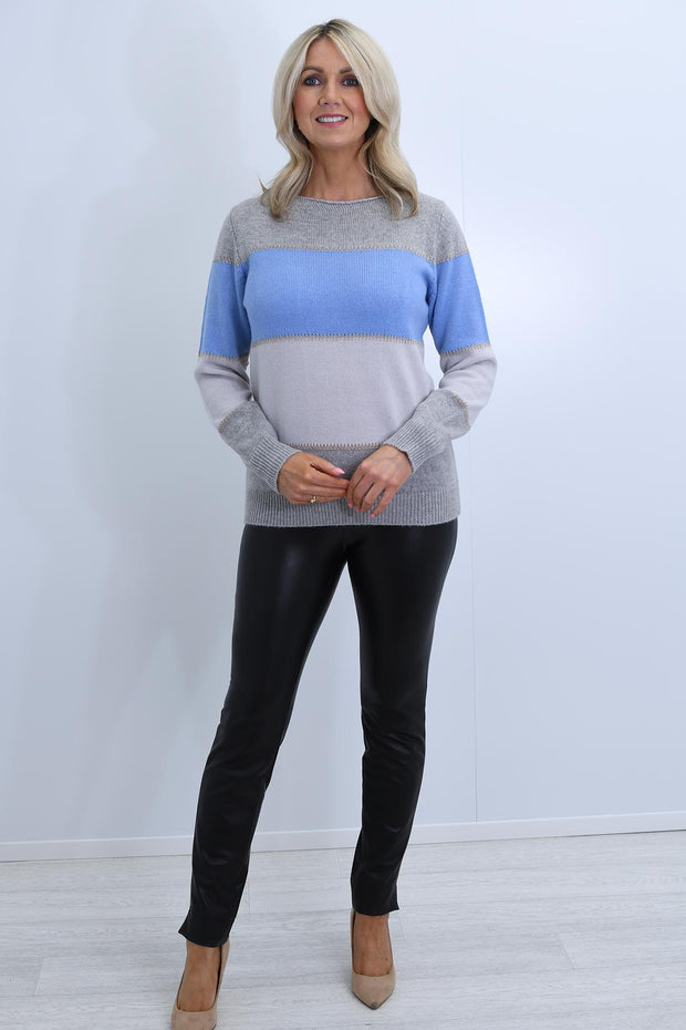 Barbara Lebek Powder Blue, Grey & Stone Fine Knit Sweater With Gold Stitching- 27650042