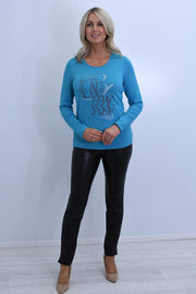 Barbara Lebek Teal Top With 'Enjoy' Graphic & Diamante Detail- 15300042