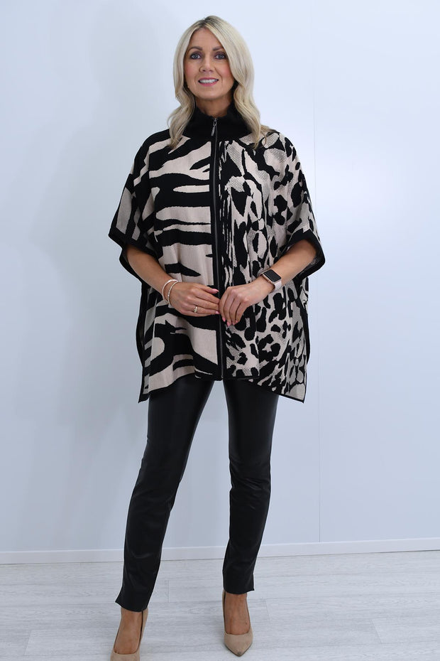 Barbara Lebek Beige & Black Mixed Animal Print Cape Jacket- 15930042