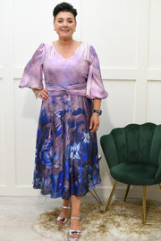 Lizabella Mauve & Blue Floral Dress With Twist Waist -L-24AW-2940-08