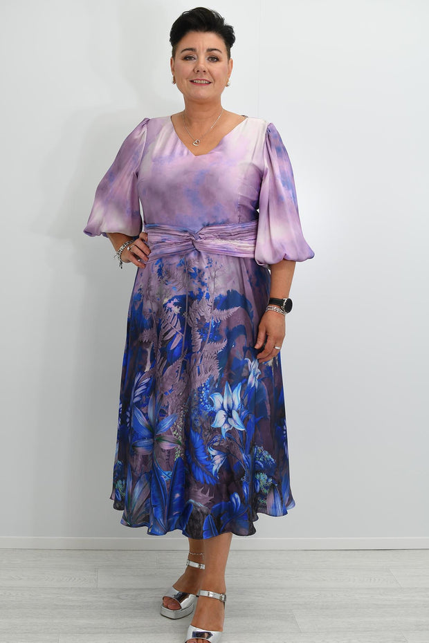 Lizabella Mauve & Blue Floral Dress With Twist Waist -L-24AW-2940-08