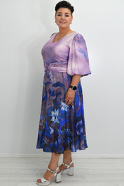 Lizabella Mauve & Blue Floral Dress With Twist Waist -L-24AW-2940-08