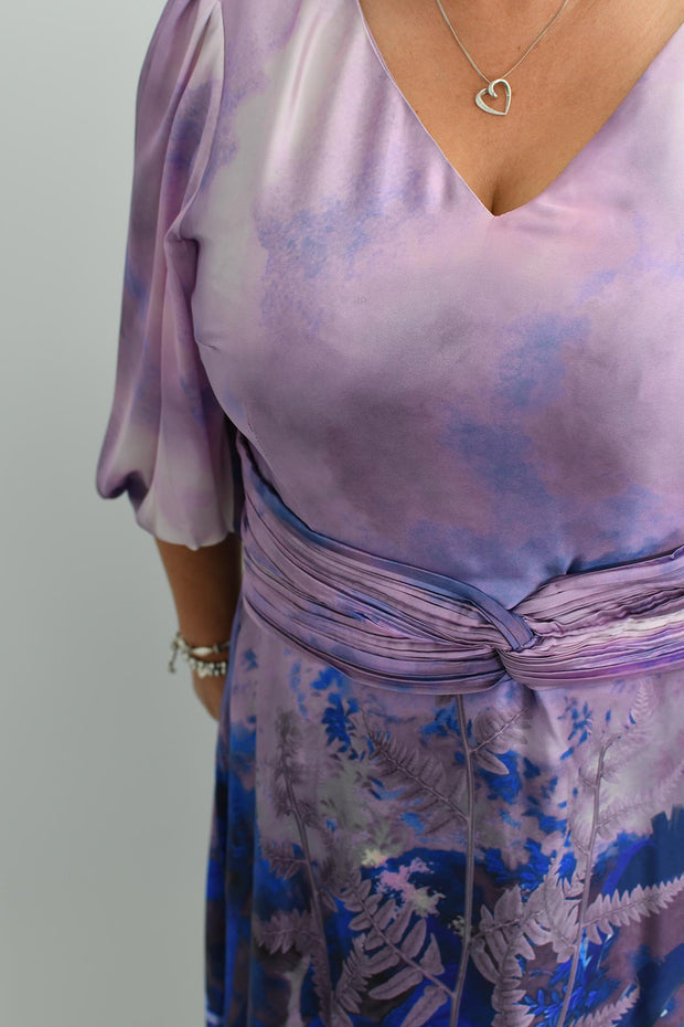 Lizabella Mauve & Blue Floral Dress With Twist Waist -L-24AW-2940-08