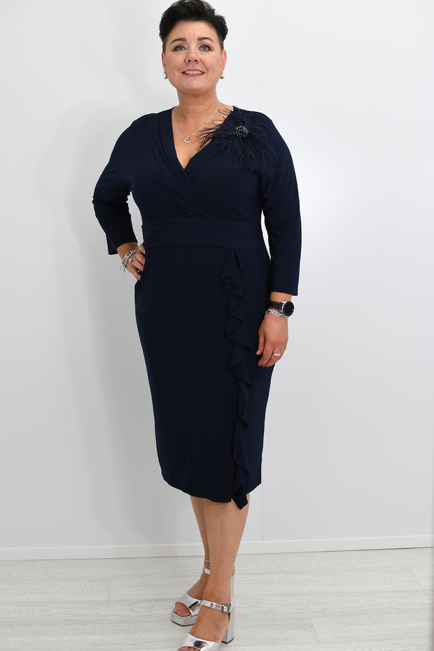 Lizabella Navy V Neck Dress With Ruffle Detail -L-24AW-2985-12