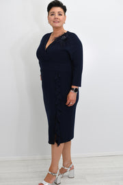 Lizabella Navy V Neck Dress With Ruffle Detail -L-24AW-2985-12