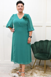 Lizabella Jade Green V Neck Dress With Feather Brooch-L-24AW-2972-20