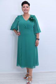 Lizabella Jade Green V Neck Dress With Feather Brooch-L-24AW-2972-20