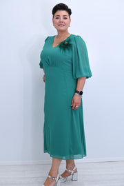 Lizabella Jade Green V Neck Dress With Feather Brooch-L-24AW-2972-20