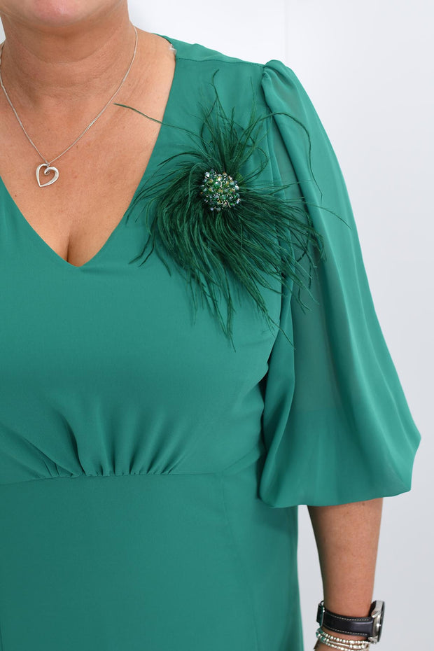 Lizabella Jade Green V Neck Dress With Feather Brooch-L-24AW-2972-20