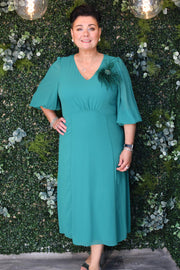 Lizabella Jade Green V Neck Dress With Feather Brooch-L-24AW-2972-20