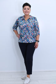 YEW Teal Multicolour Autumnal Floral Top With 1/4 Zip- 3861B Stella