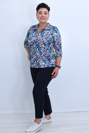 YEW Teal Multicolour Autumnal Floral Top With 1/4 Zip- 3861B Stella