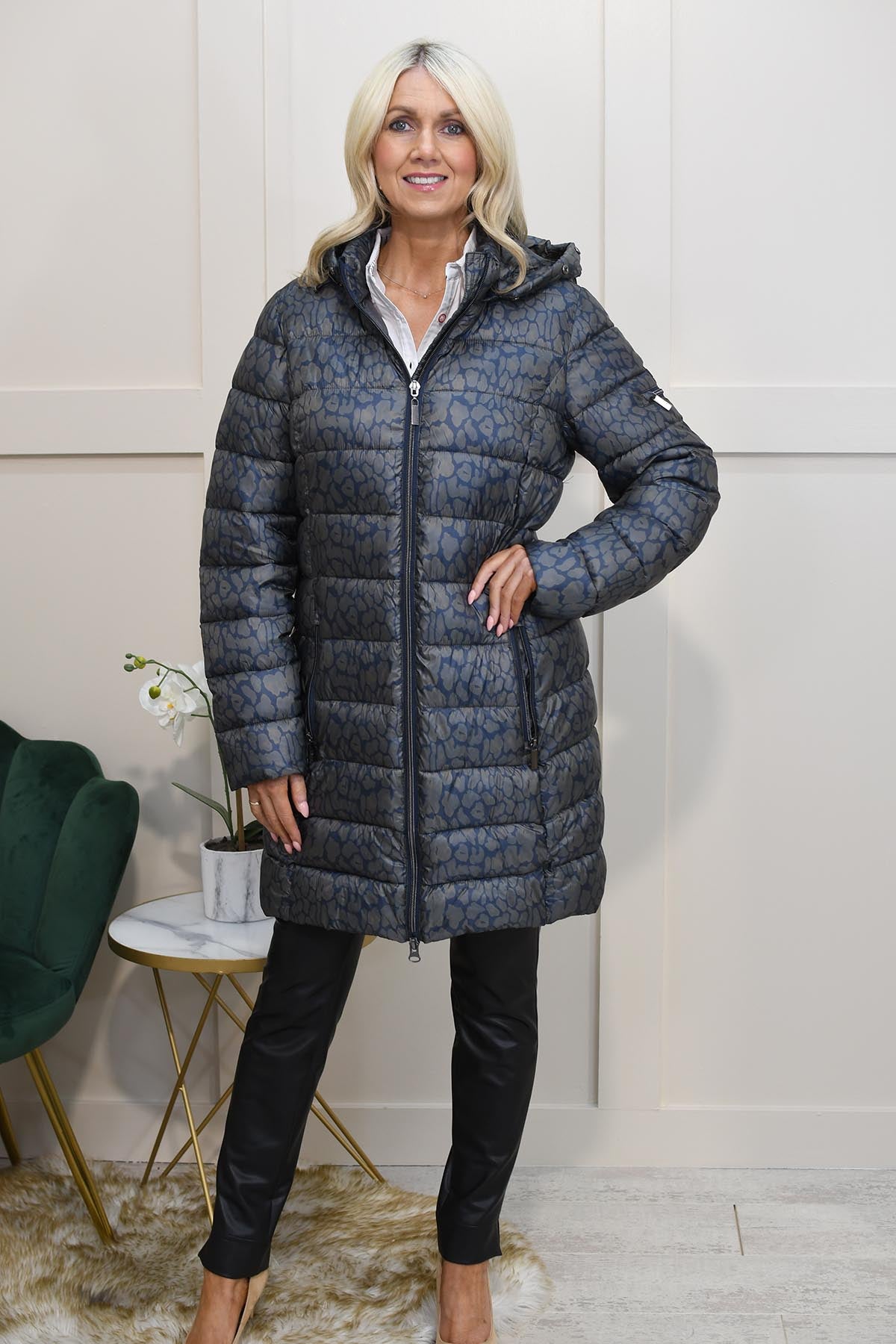 Etage Khaki Animal Print Coat With Detachable Faux Fur 1088 99203